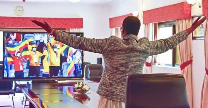 First Lady Janet Museveni jubilating after Cheptegei winning gold on Friday