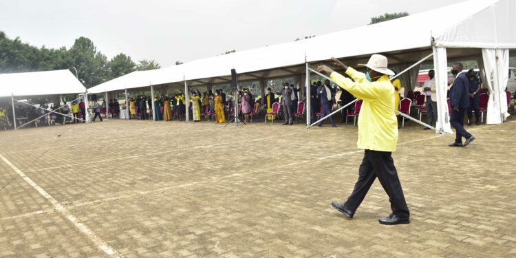 President Yoweri Museveni waving at the NRM party members that were attending the NRM Caucus meeting at the Independence Memorial Grounds Kololo on September 28, 2021. Photo by PPU/ Tony Rujuta.