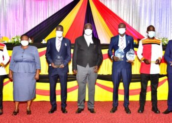 The Speaker of Parliament, Jacob Oulanyah (Centre), with Prime Minister Robinah Nabbanja; Sports State Minister Denis Hamson Obua and Uganda’s team to the 2020 Tokyo Olympic Games.