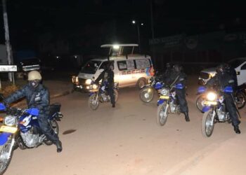 Police officers patrolling Masaka City on Wednesday night