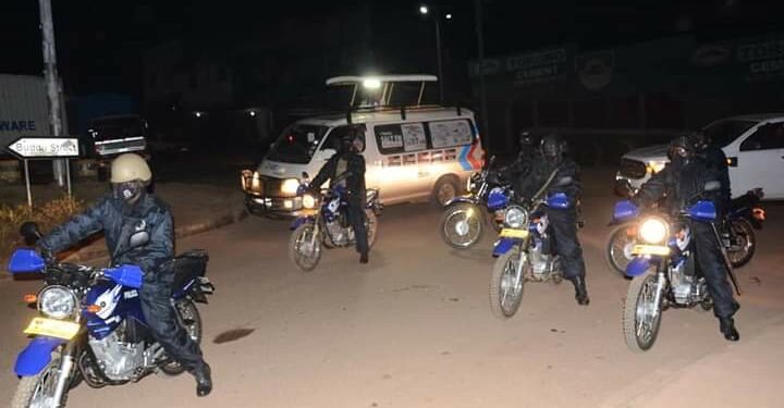 Police officers patrolling Masaka City on Wednesday night
