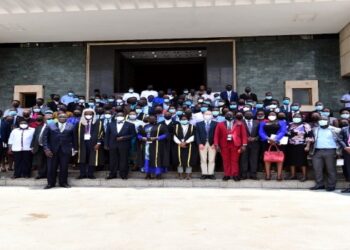 The Speaker, Jacob Oulanyah (front row in bow tie) with officials and delegates to the Youth Parliament