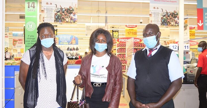 (L-R) : Gonzaga Kajja; Deputy Manager, Carrefour Naalya at Metroplex Mall with Sylivia Namagembe, Headteacher Kireka Home for the Children with Special Needs and her deputy; Gertrude Lyaka at the launch of the “Round Up you Bill” campaign.