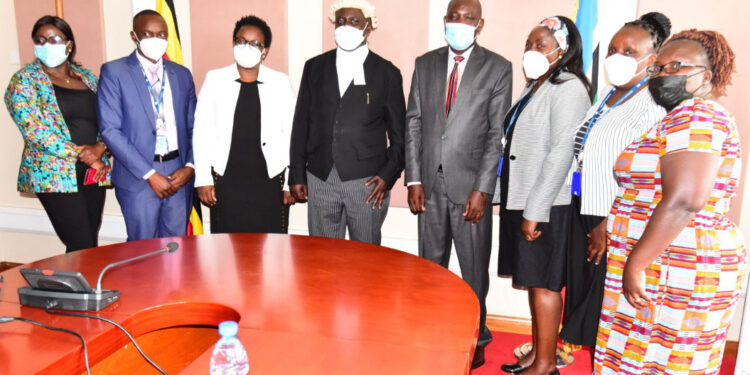 The Speaker of Parliament, Jacob Oulanyah, with representatives of UN Women.