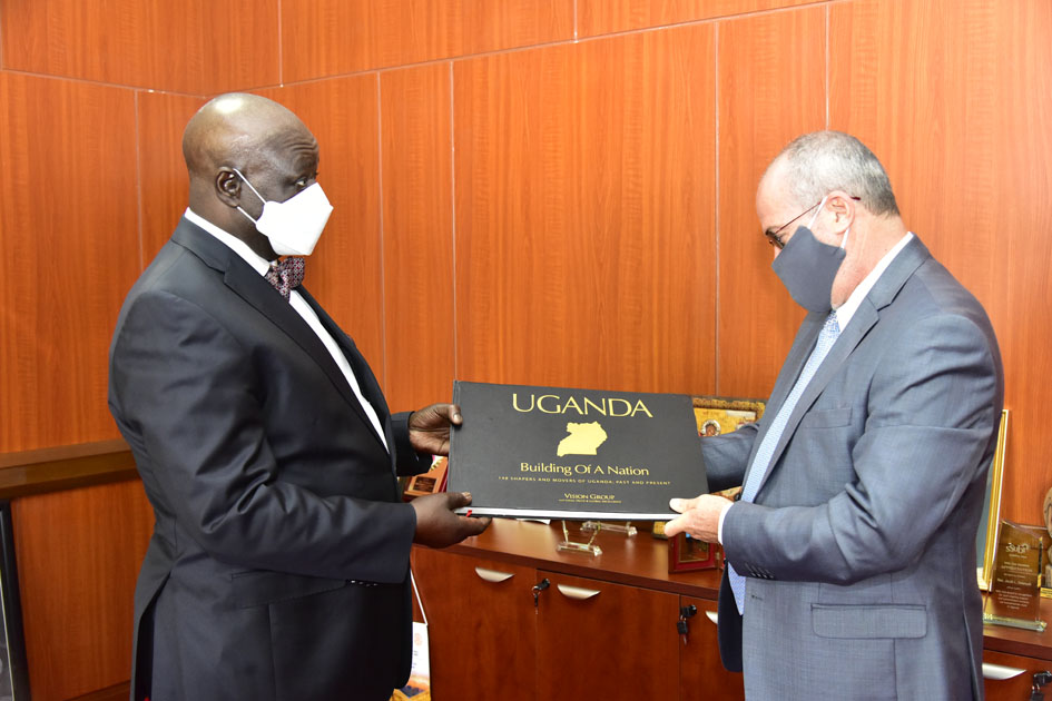 The Speaker of Parliament, Jacob Oulanyah, with the Cuban Ambassador to Uganda, H.E. Antonio Louis Pubillones.