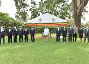 President Yoweri Museveni in a group photo with the Turkish Ambassador to Uganda H. E Kerem Alp after a meeting  as they discussed issues about the Turkish construction Companies operating in Uganda, the meeting took place at the State House Entebbe on 26th October 2021. Photo by PPU/Tony Rujuta.