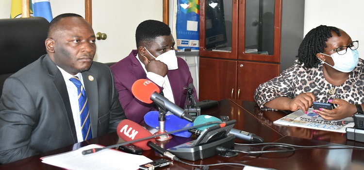 The LOP, Hon Mpuuga(L) addressing the media. On his left is Hon Zaake and Hon Joyce Bagala