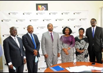 (L-R) Mr. Charles Felix Olarker, Mr. Steven Sherura Bainenaama, Dr. Joseph Kobusheshe, Ms. Peninah Aheebwa; Ms. Betty Namubiru; Mr. Dennis Kamurasi