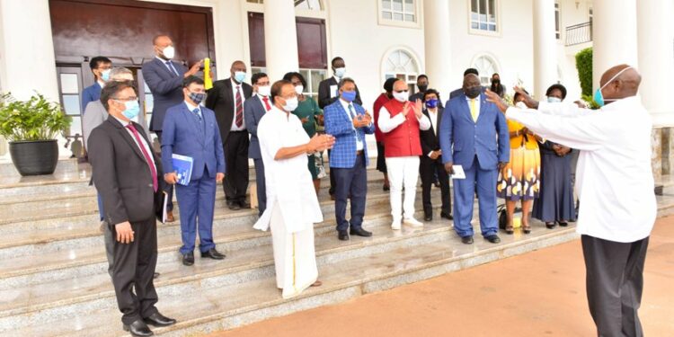 President Yoweri Museveni wishing farewell to the visiting Union Minister of State for External Affairs and Parliamentary Affairs of India Vellamvelly Muraleedharan with his delegation at the State House Entebbe on 11th November 2021. Photo by PPU/ Tony Rujuta.