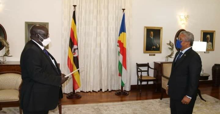 Amb Galiwango with the President of Seychelles