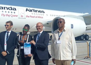 Uganda Airlines boss Jennifer Bamuturaki (2nd L) with Airbus’ Houari (2nd R) after signing the deal