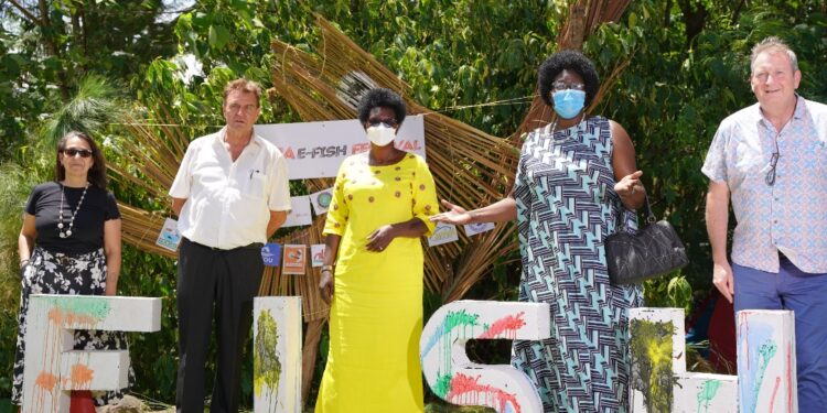 From left to right: Gina Blaich,  head of rural development sector GIZ Uganda, Adolf Gerstl, Team leader GIZ-Responsible Fisheries Business Chains Project, Hon.Adoa Hellen-state Minister for Fisheries, Joyce Nyeko-Ag.Director Directorate of Fisheries Resources, James Macbeth Forbes - Country Director GIZ Uganda