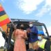 The Deputy Speaker, Anita Among, flagging off construction of Acomai irrigation scheme. Looking on is the Minister of Agriculture, Frank Tumwebaze and the contractor, Dott Services