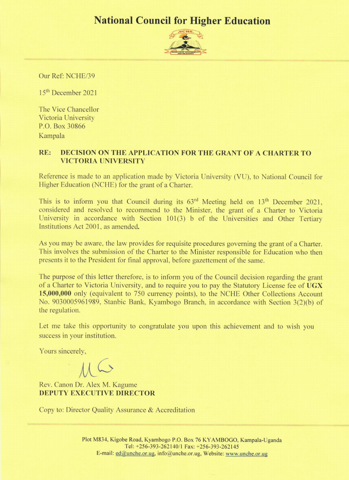 NCHE letter to Victoria University vice chancellor 