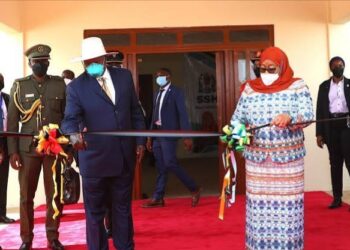 President Yoweri Museveni with his Tanzanian counterpart Samia Suluhu during the launch of Museveni Pre and Primary School in Chato