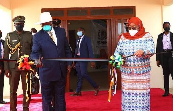 President Yoweri Museveni with his Tanzanian counterpart Samia Suluhu during the launch of Museveni Pre and Primary School in Chato