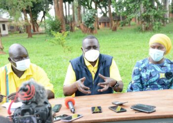 The Speaker of Parliament, Jacob Oulanyah (centre), addressing the media during a consultative meeting with Acholi NRM leaders in Gulu City