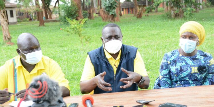 The Speaker of Parliament, Jacob Oulanyah (centre), addressing the media during a consultative meeting with Acholi NRM leaders in Gulu City