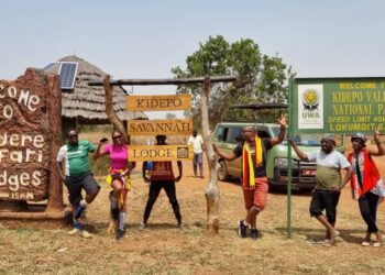 The caravan crew members pose for a photo at Kidepo Valley National park