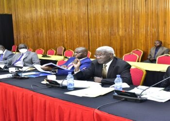 Minister of Tourism, Wildlife and Antiquities Tom Butime (in glasses) and his officials in the Trade and Tourism Committee, 22nd Feb 2022