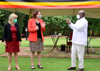 President Yoweri Kaguta Museveni interacts with the Deputy Minister of International Development from the Kingdom of Norway, Bjorg Sandkjaer together with her delegation shortly after their meeting at State House in Entebbe on 22nd February 2022.