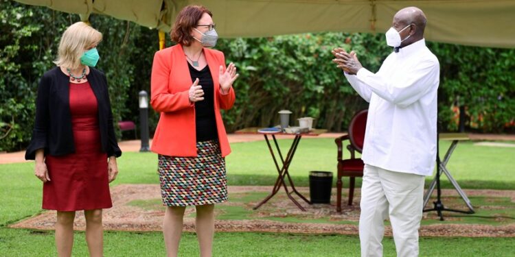 President Yoweri Kaguta Museveni interacts with the Deputy Minister of International Development from the Kingdom of Norway, Bjorg Sandkjaer together with her delegation shortly after their meeting at State House in Entebbe on 22nd February 2022.