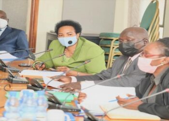 Lands state minister, Hon Persis Namuganza (2nd, left) and officials from her ministry meeting the committee