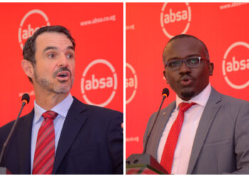Jeff Gable – the Absa Group Chief Economist and Head of Macro and Fixed Income and Research (left) and David Wandera, the Absa Bank Uganda Executive Director, and Head of Financial Markets present that 2021 Absa Financial Markets Index report at Kampala Serena Hotel