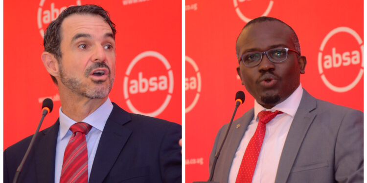 Jeff Gable – the Absa Group Chief Economist and Head of Macro and Fixed Income and Research (left) and David Wandera, the Absa Bank Uganda Executive Director, and Head of Financial Markets present that 2021 Absa Financial Markets Index report at Kampala Serena Hotel