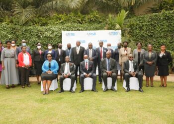 Registrar General  Mercy Kainobwisho,URSB Board Chair Ambassador Francis Butagira, Principal Judge Dr.Flavian Zeija, Justice Mike Chibita, Justice Geoffrey Kiryabwire in a group photo during the insolvency conference