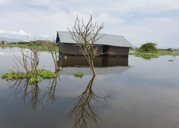 One of the houses that was submerged by Lake Albert waters in Ntoroko