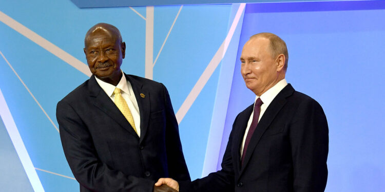 President Yoweri Museveni with President Vladimir Putin during the Russia-Africa Summit in 2019