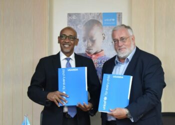 Dr Munir Safieldin, UNICEF Representative in Uganda (Left) with the Belgian Ambassador to Uganda Rudi Veestraeten