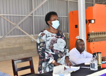 The State House Comptroller Jane Barekye (Left) making her remarks in the presence of Head of the industrial hubs and Presidential projects in Uganda Eng. Kamugisha Raymond (right) during meeting with Political Leaders from Lango Sub-region at Lango Sub-region Industrial Zonal Hub in Lira district 2nd April 2022. Photo by PPU / Tony Rujuta.