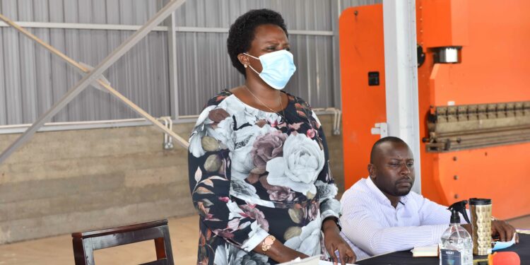 The State House Comptroller Jane Barekye (Left) making her remarks in the presence of Head of the industrial hubs and Presidential projects in Uganda Eng. Kamugisha Raymond (right) during meeting with Political Leaders from Lango Sub-region at Lango Sub-region Industrial Zonal Hub in Lira district 2nd April 2022. Photo by PPU / Tony Rujuta.