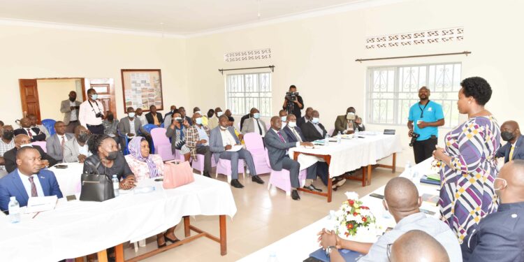 The State House Comptroller Jane Barekye makes her remarks during a meeting with Political Leaders from Kigezi Sub-region at Kigezi Sub-region Industrial Zonal Hub in Kamuganguzi Sub-county, Buranga Parish in Ndorwa county in Kabale district on 7th April 2022. Photo by PPU / Tony Rujuta.