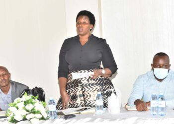The State House Comptroller Jane Barekye (center) making her remarks while meeting Political leaders from Ankole region at the Presidential Initiative For Industrial Zonal Hub Ankole Sub-region in Mbarara district, Kashari South county, Rubaya Sub-county in Rushozi Village 9th April 2022. Photo by PPU / Tony Rujuta.