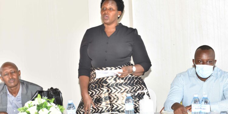 The State House Comptroller Jane Barekye (center) making her remarks while meeting Political leaders from Ankole region at the Presidential Initiative For Industrial Zonal Hub Ankole Sub-region in Mbarara district, Kashari South county, Rubaya Sub-county in Rushozi Village 9th April 2022. Photo by PPU / Tony Rujuta.