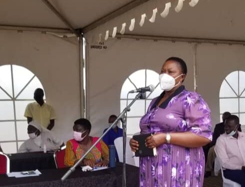 Minister Babalanda delivering her speech during the vehicle handover ceremony at Kololo Airstrip on Friday