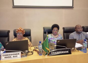 Commissioner for Health, Humanitarian Affairs and Social Development of the African Union, Amb. Minata Samaté Cessouma(right) Minister Amongi Betty and Commissioner Mujuni at the meeting in Addis