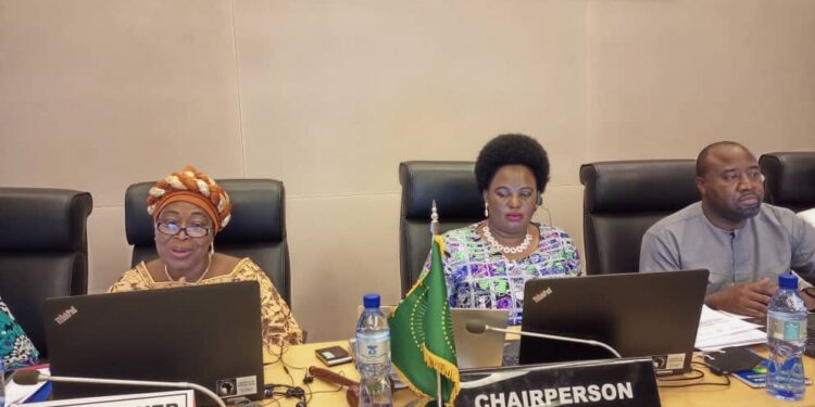 Commissioner for Health, Humanitarian Affairs and Social Development of the African Union, Amb. Minata Samaté Cessouma(right) Minister Amongi Betty and Commissioner Mujuni at the meeting in Addis