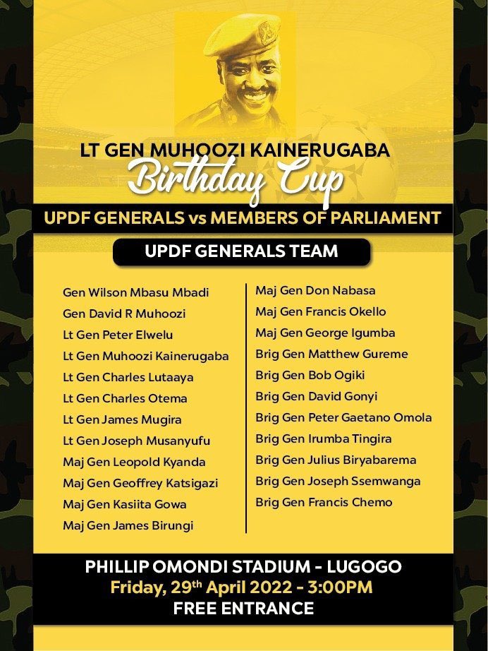 Gen Muhoozi Doğum Günü Kupası: UPDF, milletvekilleriyle yüzleşecek General kadrosunu yayınladı