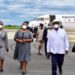 President Museveni chats with Head of Public Service Lucy Nakyobe (L) and Minister for  Presidency Milly Babalanda on his return from Nairobi, Kenya on Tuesday April 21