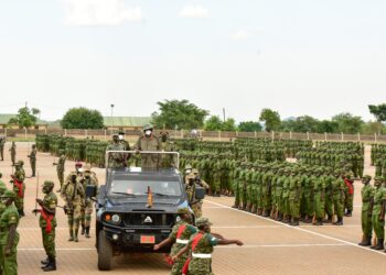 President Yoweri Museveni inspects the parade during the passout of over 6000 LDUs at Kaweweta on Friday April 9th