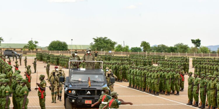 President Yoweri Museveni inspects the parade during the passout of over 6000 LDUs at Kaweweta on Friday April 9th