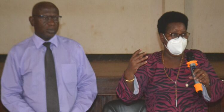 The Minister of State for Local Government Ms Victoria Businge Rusoke(Right)) next to the (Left) is Jinja City Clerk Mr Danile Kawesi addressing Jinja City Councilors