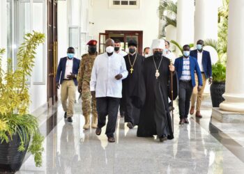 President Yoweri Museveni and the Russian Orthodox Church headed by Patriarchal Exarch of Africa Metropolitan of Klin Leonid (Gorbachev) tour the State House Entebbe on 19th May 2022. Photo by PPU/ Tony Rujuta.