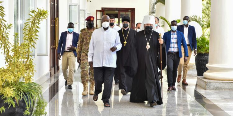 President Yoweri Museveni and the Russian Orthodox Church headed by Patriarchal Exarch of Africa Metropolitan of Klin Leonid (Gorbachev) tour the State House Entebbe on 19th May 2022. Photo by PPU/ Tony Rujuta.