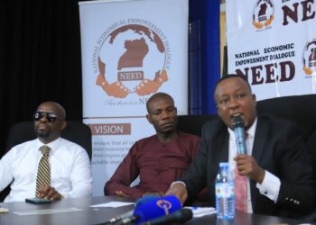 L-R: Charle Basajja (NEED Chief of Staff), Asuman Odaka (NEED National Coordinator) and Joseph Kabuleta (NEED Leader) addressing the media on Monday