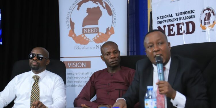 L-R: Charle Basajja (NEED Chief of Staff), Asuman Odaka (NEED National Coordinator) and Joseph Kabuleta (NEED Leader) addressing the media on Monday